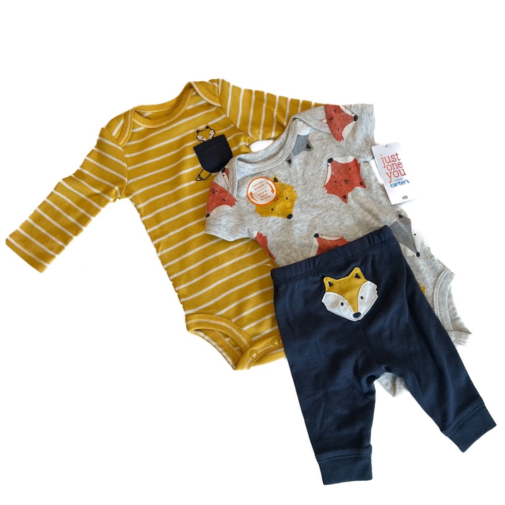 Carter’s - 3 Fox Themed Long Sleeve Onesies (Yellow/Blue, Newborn)